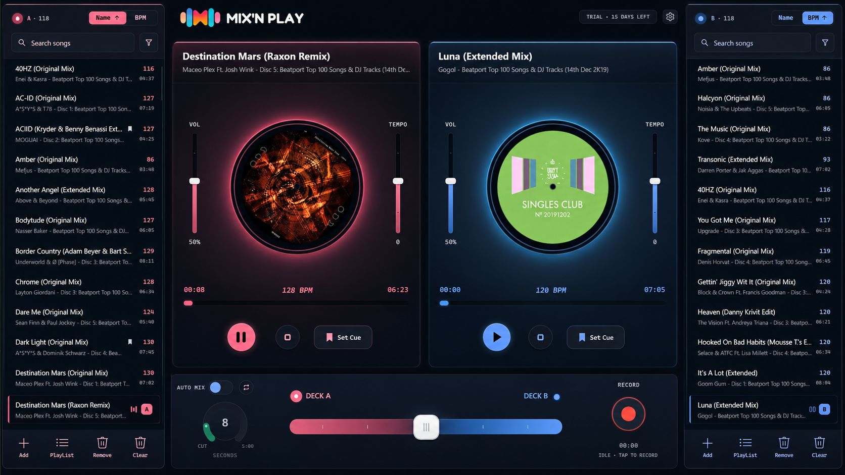 Mix n Play main mixer screen with two decks, waveforms and library
